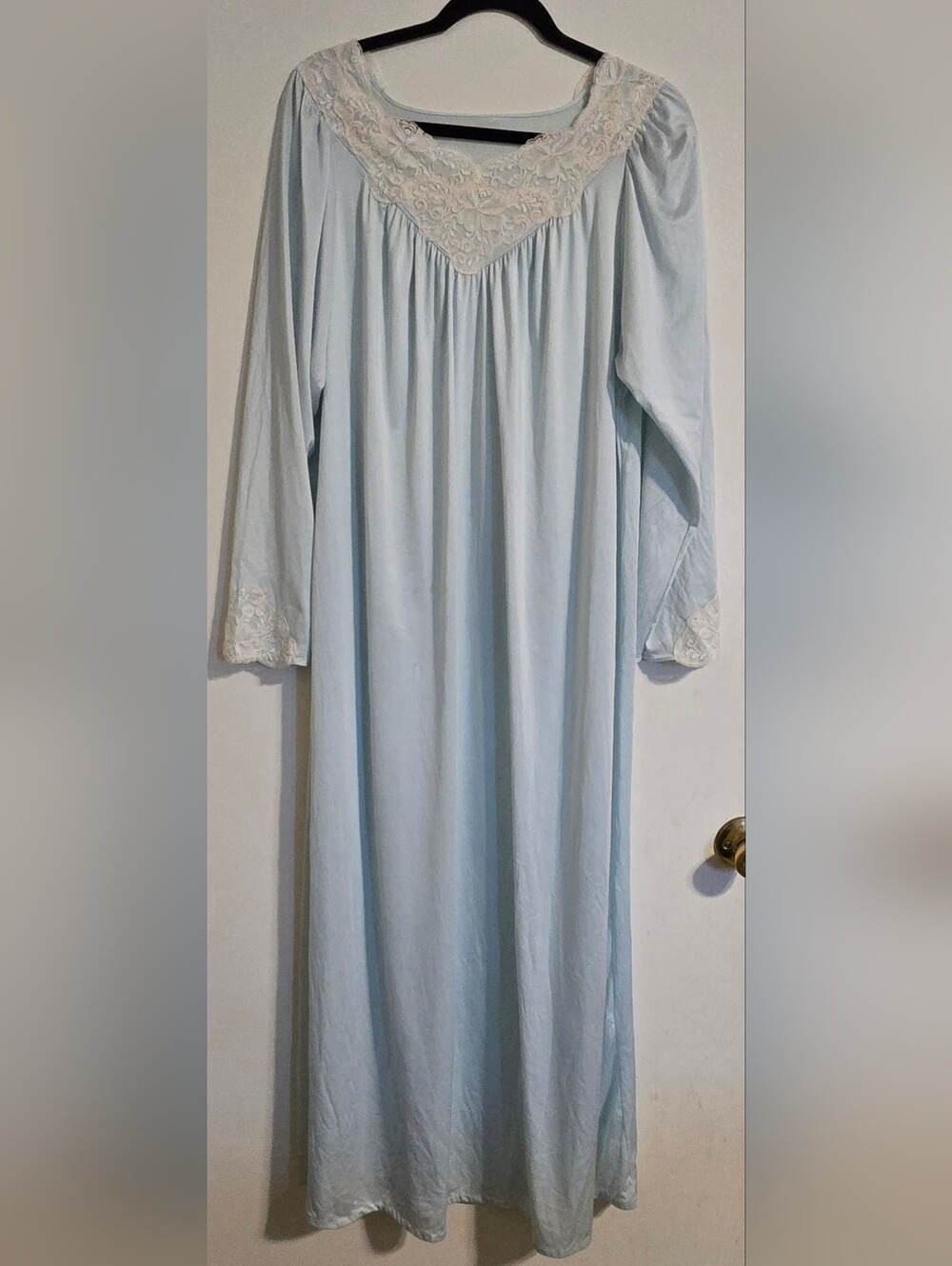 Shadowline Blue Nightgown Women Medium Long Sleeve Lace Trim Vintage Sleepwear